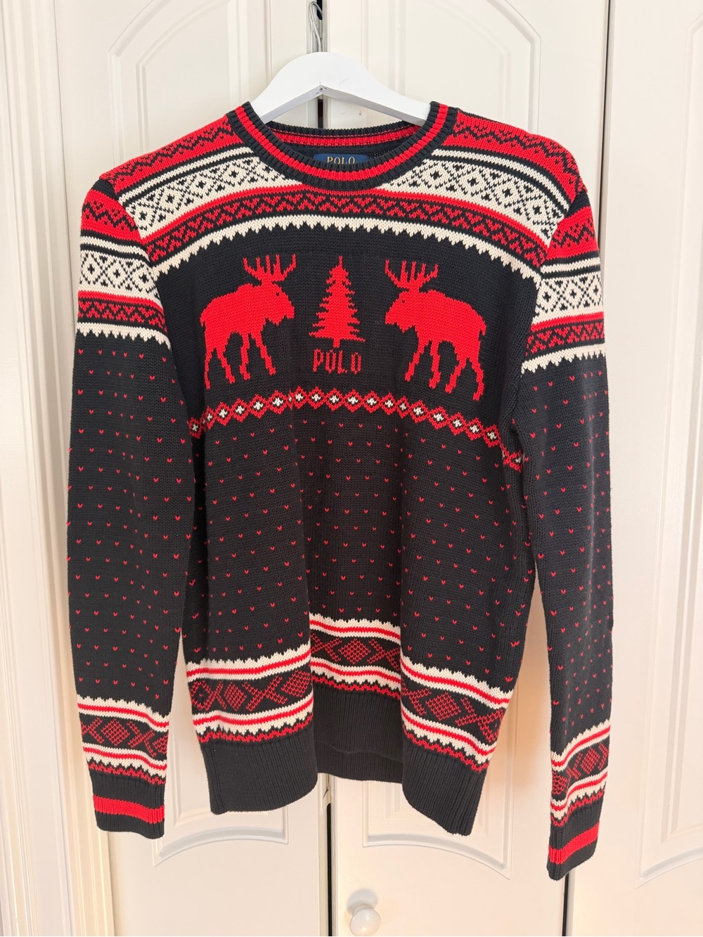 Polo by Ralph Lauren Black Red White Moose Fair Isle Sweater